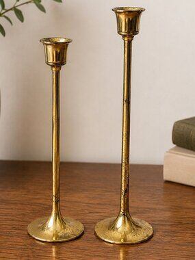 Vintage Brass Candlestick Holders Set of 2 Made in Taiwan 8” & 9” MCM